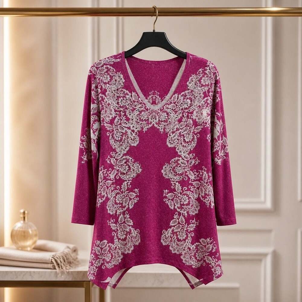 Reba Women's Magenta Glitter Floral Paisley V-Neck Tunic Top, XL # 1302